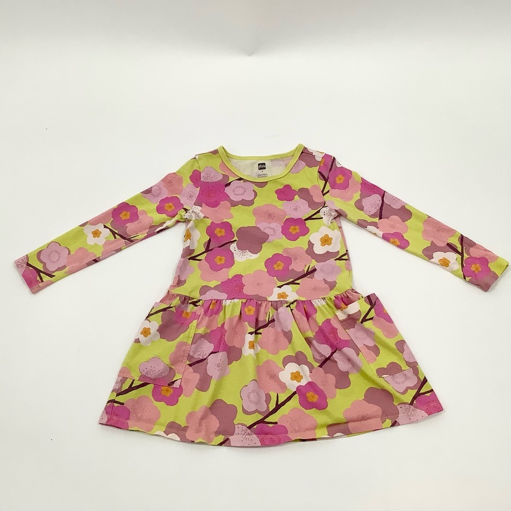 Tea Collection Dress Girls 4 Floral Yellow Pink Long Sleeves Jersey